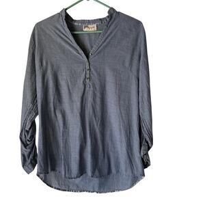 Magazine Shirt Womens Large Blue Long Sleeve‎ Ruched Button Pullover Cotton Top